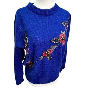 VINTAGE 1980's Royal Blue Raime Blend Embroidered Sweater Size M/L